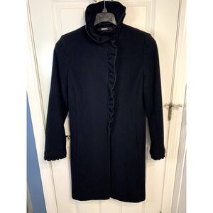DKNY Womens Long Black Wool Cashmere Blend Ruffle Coat Size 10